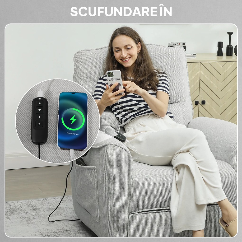 HOMCOM Fotoliu Relax Electric cu Masaj și Încălzire, Silențios, Reclinabil 150° în Cinilă cu Pernă, Funcție de Memorie, 2 Telecomenzi, Suport pentru Picioare pentru Living și Birou, Gri | Aosom Romania