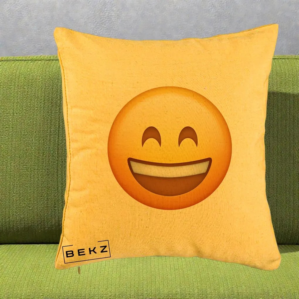 Perna Decorativa Emoji Zambet Mare, 40x40 cm, Galben, Husa Detasabila, Perna Inclusa, BEKZ®