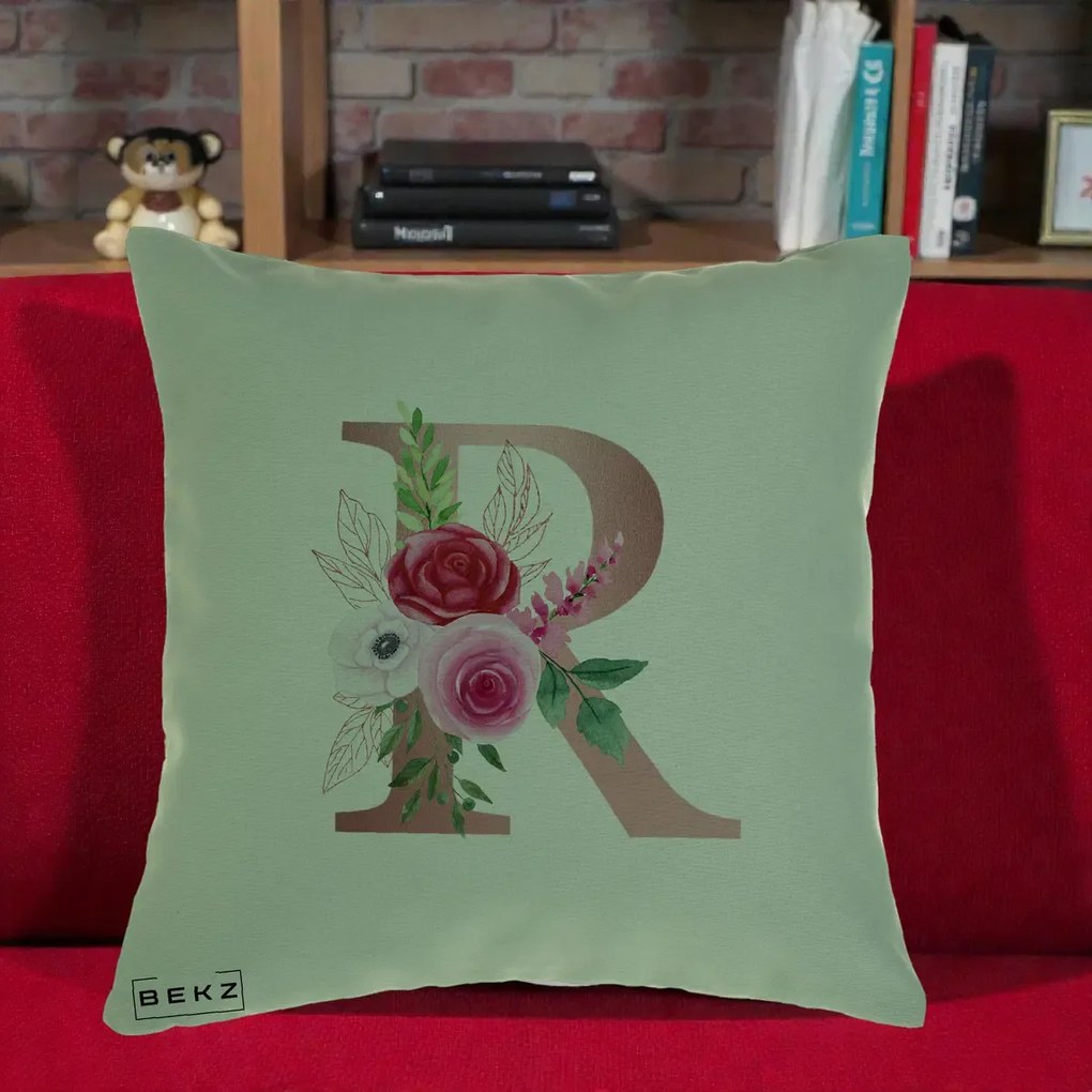 Cadou Personalizat - Perna Personalizata Monograma Rose Gold Litera R, 40x40 cm, Verde, Husa Detasabila, Perna Inclusa, BEKZ®