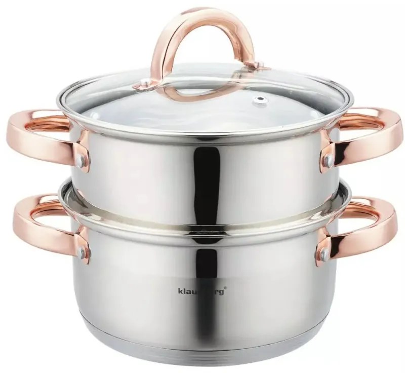 Oala pentru gatit la aburi Klausberg KB 7725, 18 cm, 2,5 L, 3 piese, Inductie, Inox/Aur roz