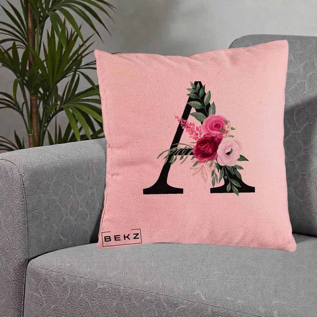 Cadou Personalizat - Perna Personalizata Monograma Florala Litera A, 40x40 cm, Roz, Husa Detasabila, Perna Inclusa, BEKZ®