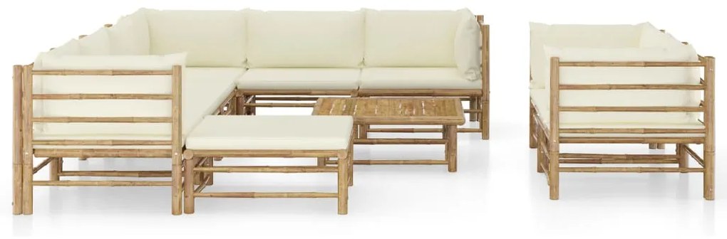 3058221 vidaXL Set mobilier de grădină, cu perne alb crem, 10 piese, bambus