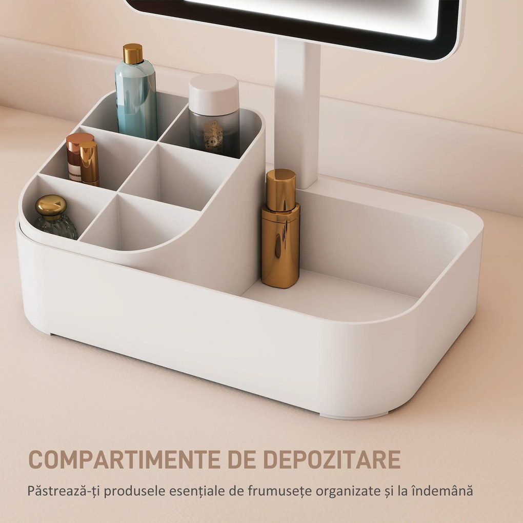 HOMCOM Oglindă Machiaj cu LED-uri, Oglindă Vanity Reîncărcabilă cu Ecran Touch, 2 Moduri de Iluminare și Rotire 180°, Alb | Aosom Romania