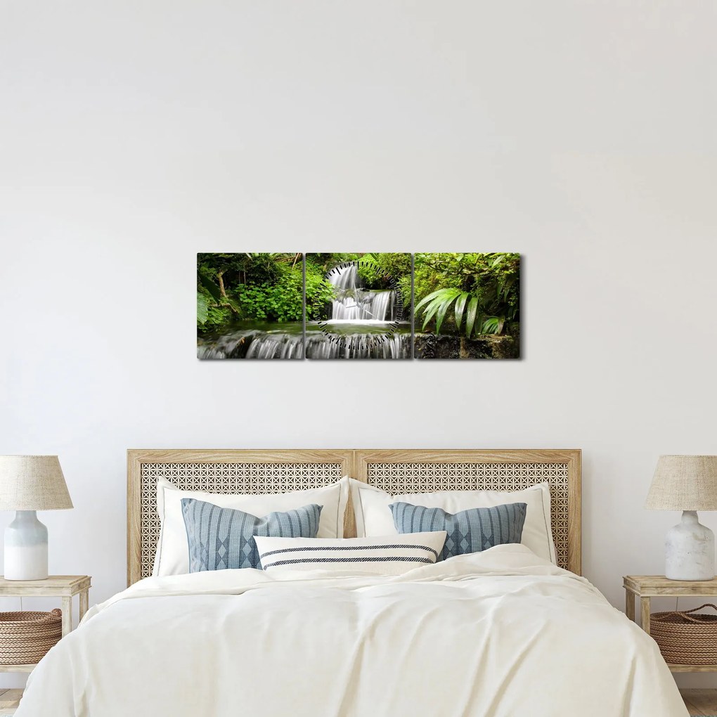 Tablou - Cascadă în pădurea tropicală (cu ceas) (90x30 cm)