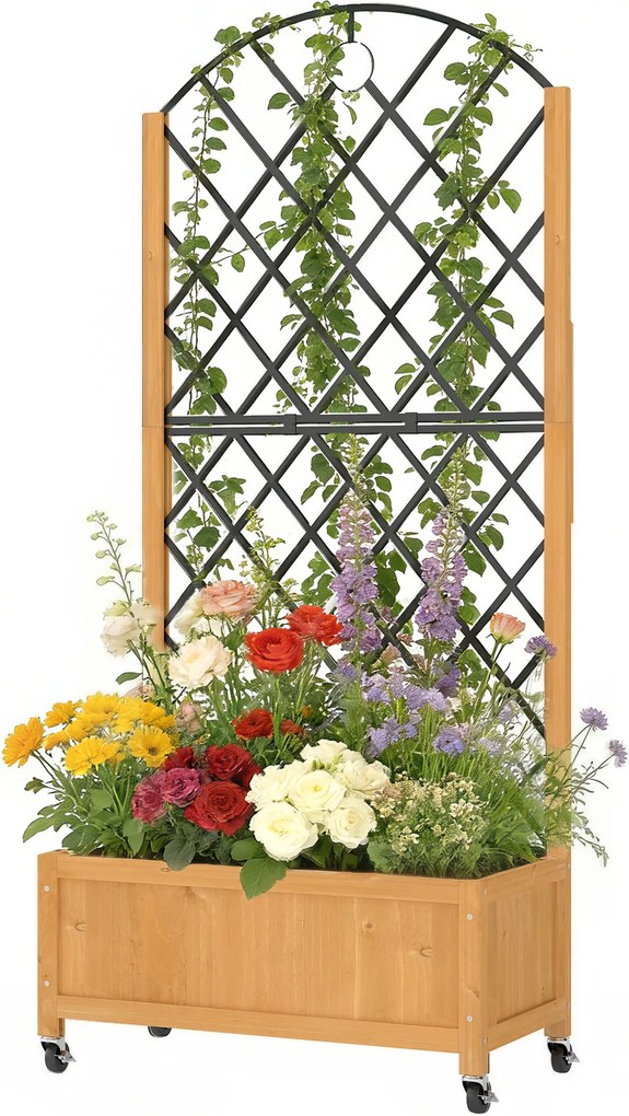 Outsunny Jardinieră înaltă cu grilaj metalic, jardiniere din lemn cu roți, jardinieră outdoor, maro | Aosom Romania