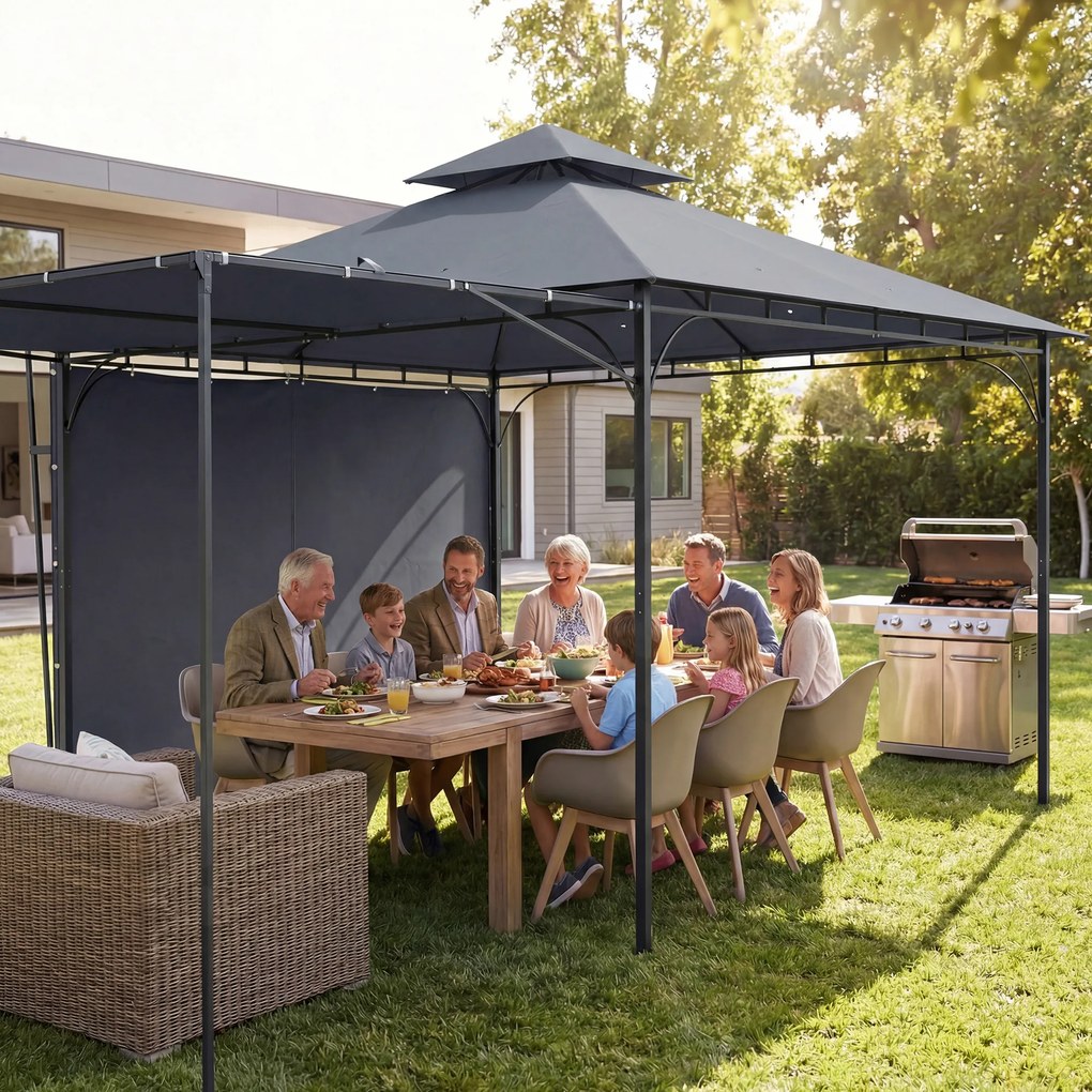 Outsunny Foișor de Grădină 3.2x3.2 m cu Acoperiș Extensibil, Foișor de Exterior cu Acoperiș Dublu Ventilat, Găuri de Drenaj, Cadru Metalic, pentru Grădină, Balcon, Petreceri, Terasă, UV30+, Gri Închis | Aosom Romania