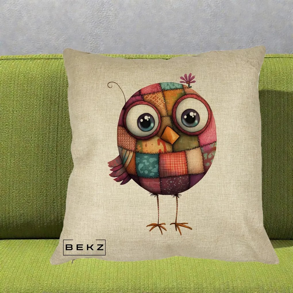 Perna Decorativa Pasare Patchwork Roz cu Floare, 40x40 cm, Crem, Husa Detasabila, Perna Inclusa, BEKZ®