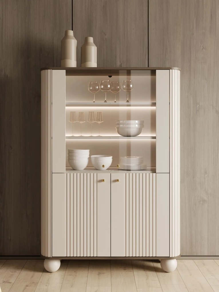 Vitrină Vesper 103 cm cu 4 uși - cașmir / nuc / mânere aurii / picioare sferice
