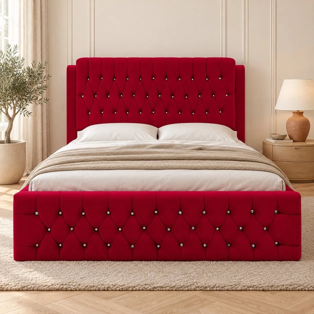Pat tapițat Chesterfield din catifea Aveline Deluxe 180×200 cm, roșu, cu ladă de depozitare