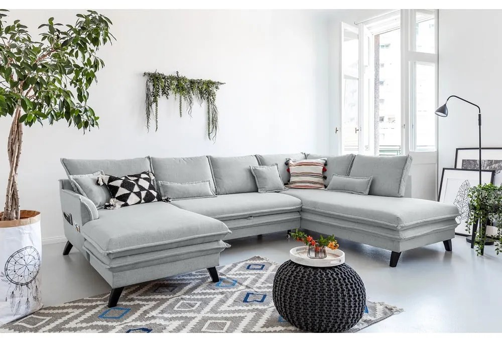 Canapea extensibilă în formă de „U” cu șezlong pe partea dreaptă Miuform Charming Charlie, gri deschis