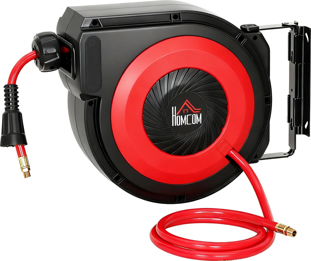 HOMCOM Tambur pentru furtun cu mecanism de retragere, furtun lung de 16,5 m, montare pe perete, Roșu+Negru | Aosom Romania
