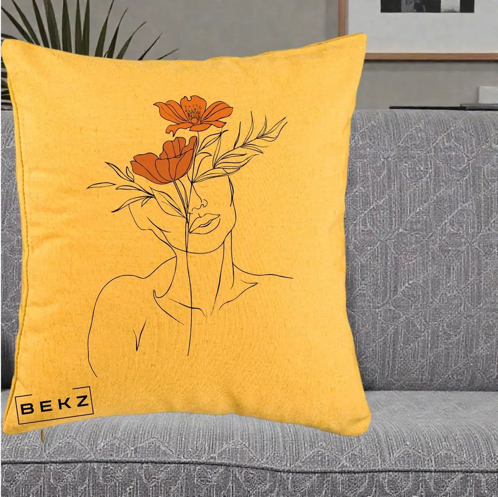 Perna Decorativa Portret Feminin Doua Flori, 40x40 cm, Galben, Husa Detasabila, Perna Inclusa, BEKZ®