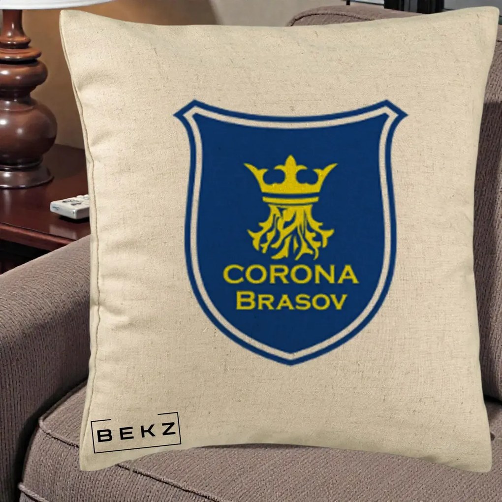Perna Personalizata Corona Brasov Fotbal, 40x40 cm, Bej, Husa Detasabila, Perna Inclusa, BEKZ®