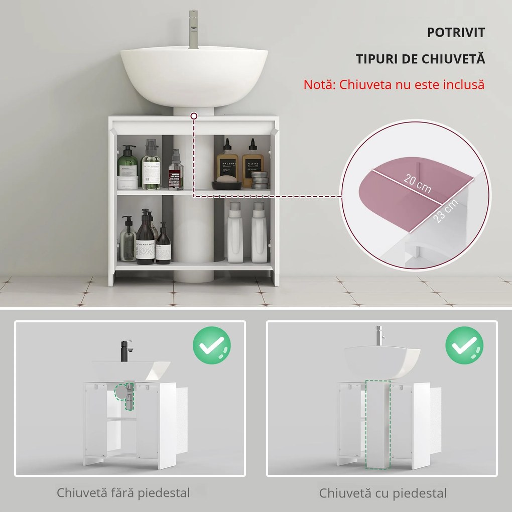 HOMCOM Mobilier Sub Chiuvetă pentru Baie cu 2 Uși, Dulap de Baie cu Decupaj în U pentru Țevi, 60x30x60 cm, Alb | Aosom Romania