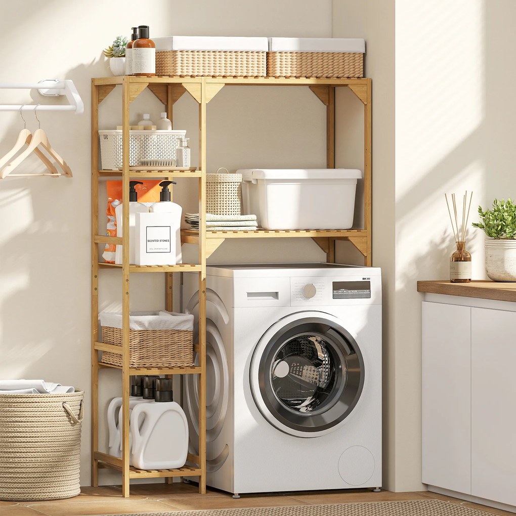 HOMCOM Mobilier deasupra mașinii de spălat din bambus cu 7 rafturi reversibile, spațiu economisitor, pentru depozitare și organizare, pentru baie și spălătorie, 100x40x157 cm, culoare lemn | Aosom Romania