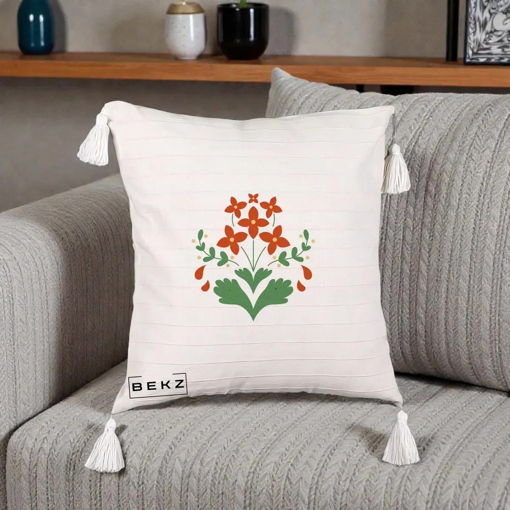 Perna Decorativa Buchet Floral Folk Rosu-Verde, 40x40 cm, Bej cu Franjuri, Husa Detasabila, Perna Inclusa, BEKZ®