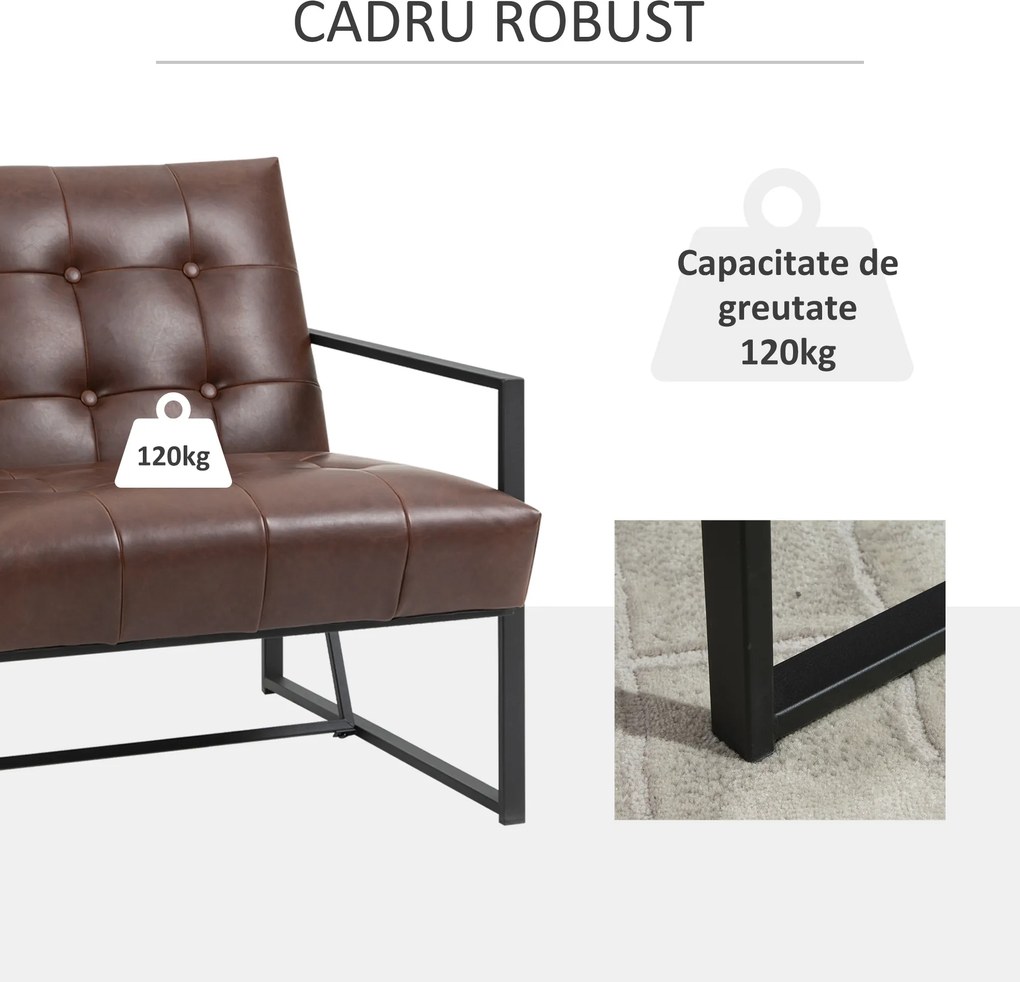 Fotoliu Stil Industrial Matlasat cu Nasturi, Mobilier Modern Fotoliu scaun din metal si PU, 62x74x78cm Maro HOMCOM | Aosom RO