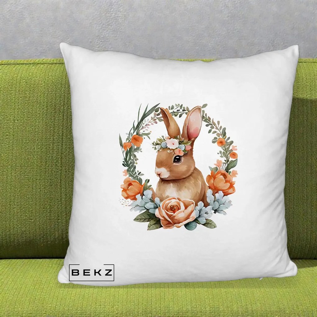 Perna Decorativa Iepuras Floral Coronita Acuarela, 40x40 cm, Alb Pufos, Husa Detasabila, Perna Inclusa, BEKZ®