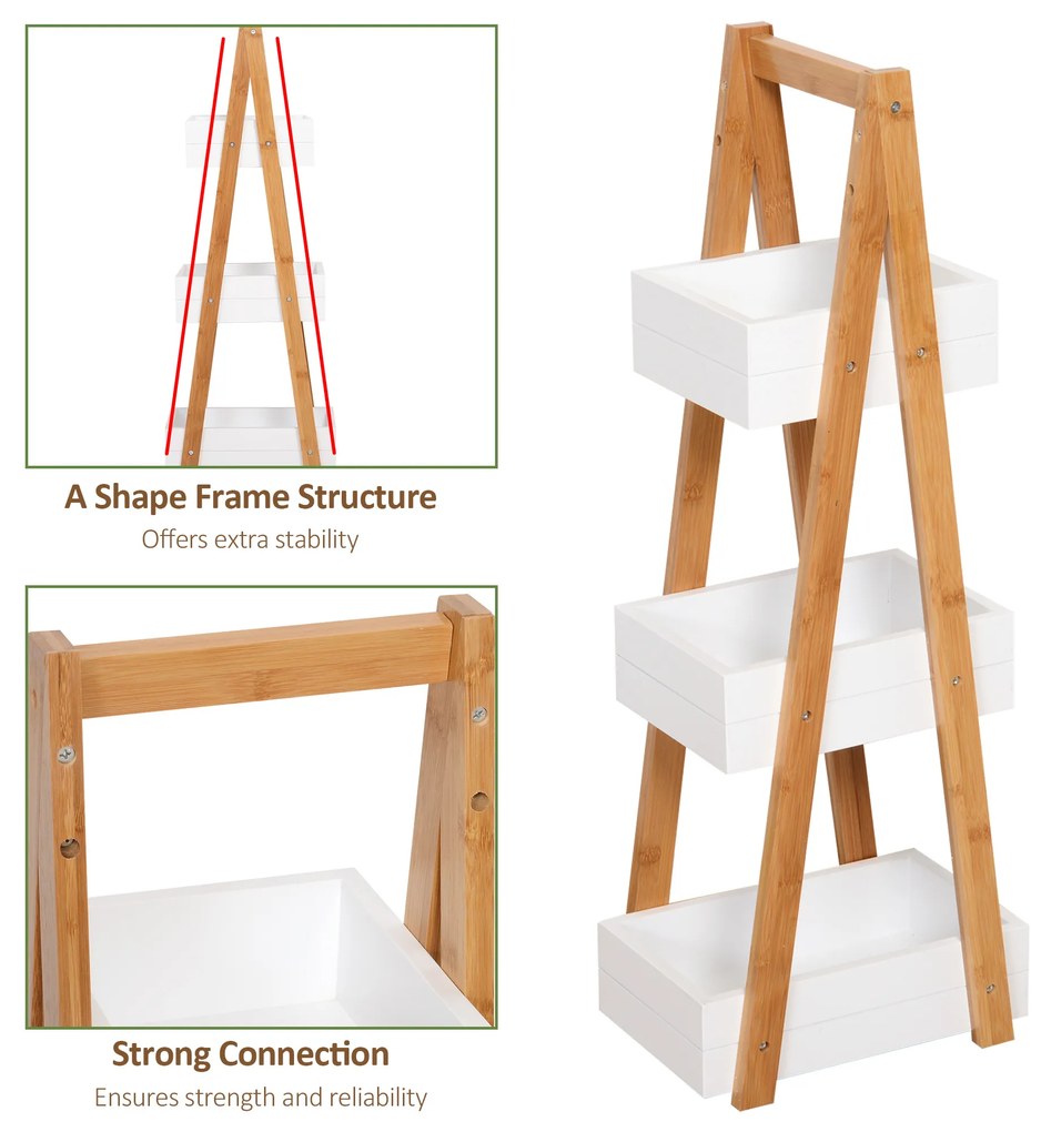 Raft cu 3 etajere Dulapior pentru baie cu economisire spatiu si multifunctional din lemn MDF si bambus 21x30x81cm, Alb HOMCOM | Aosom RO