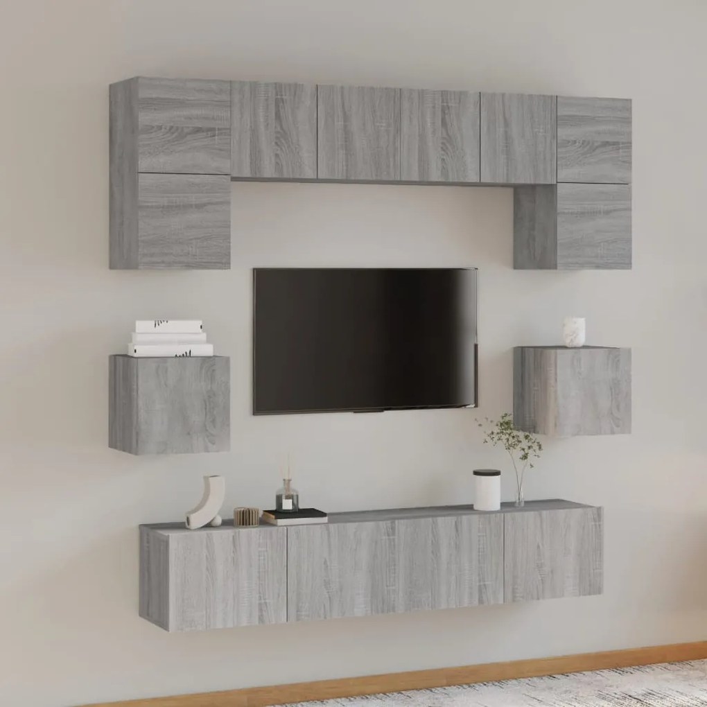 3114412 vidaXL Set dulap TV, 8 piese, gri sonoma, lemn prelucrat
