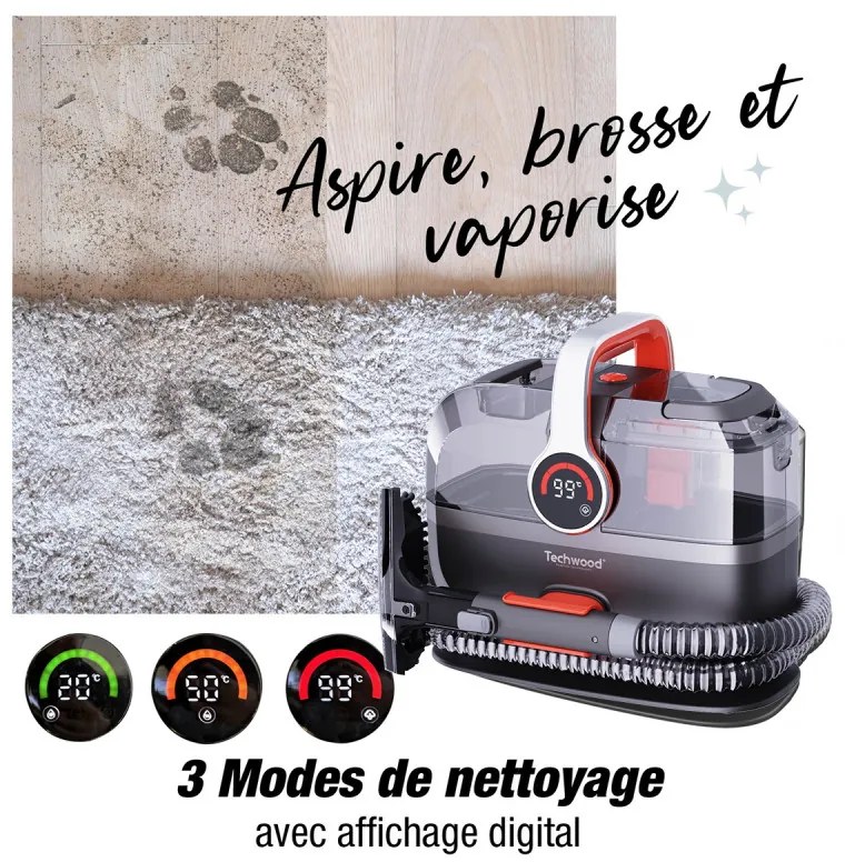 Aparat multifunctional cu aburi si aspirator Techwood TAN-7055V, 600/800W, Rezervor de apa curata si reziduala, 3 moduri, Afisaj digital, Gri/Portocaliu