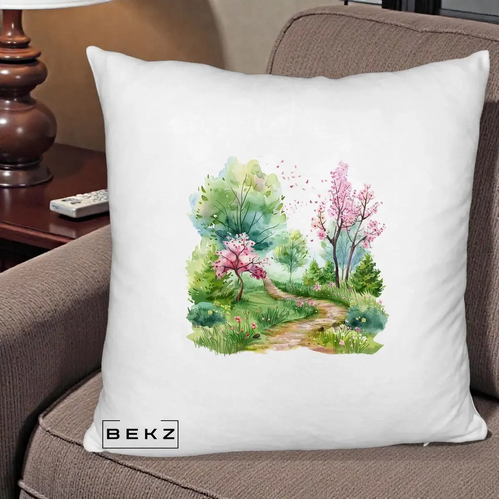 Perna Decorativa Gradina Primavara Acuarela, 40x40 cm, Alb Pufos, Husa Detasabila, Perna Inclusa, BEKZ®