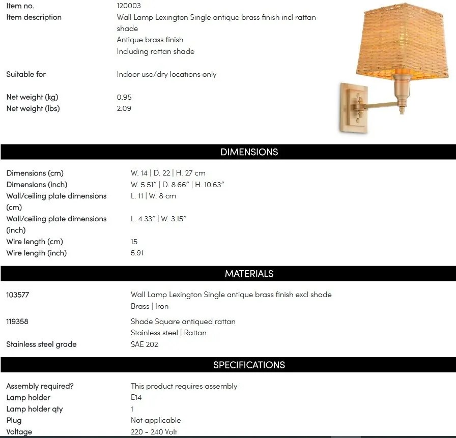 Aplica de perete LUX cu abajur din ratan Lexington alama antic