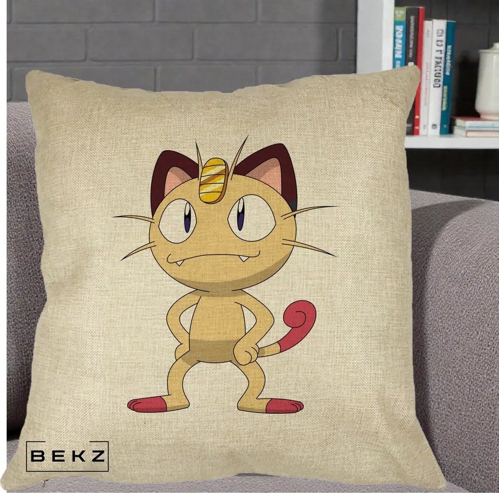 Perna Personalizata Meowth Pokemon, 40x40 cm, Crem, Husa Detasabila, Perna Inclusa, BEKZ®