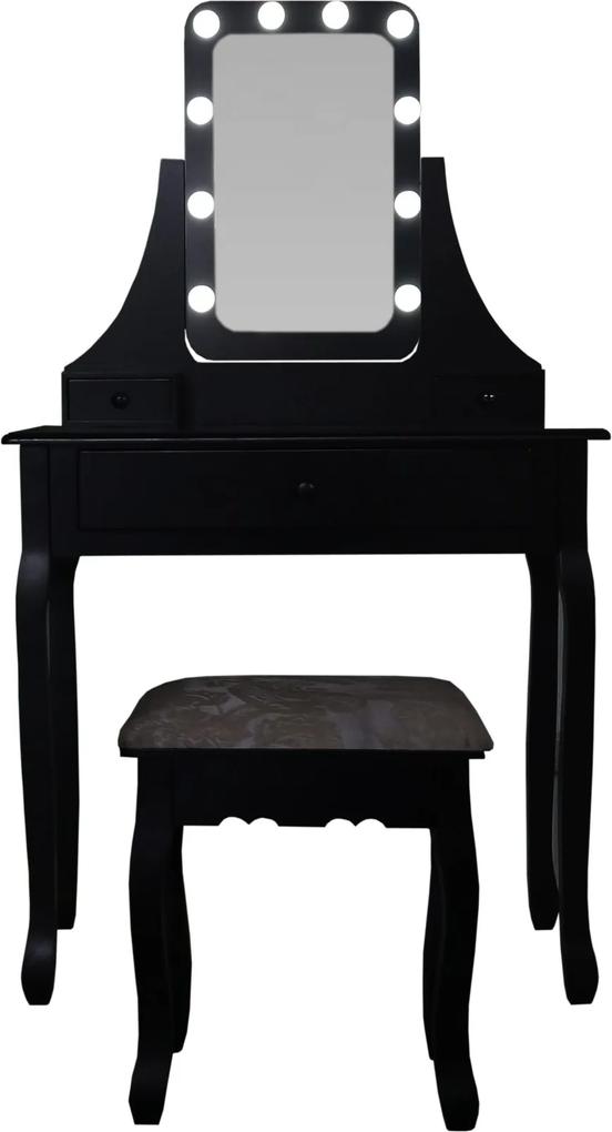 Set Eveline, Masă de toaletă pentru machiaj cu oglindă iluminată LED, 3 sertare, scaun, Negru