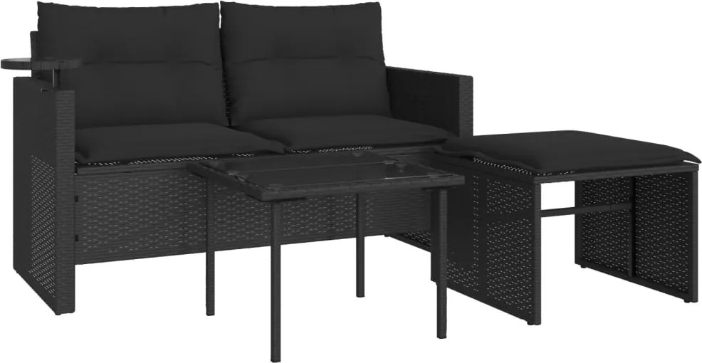 vidaXL Set mobilier de grădină cu perne, 3 piese, negru, poliratan