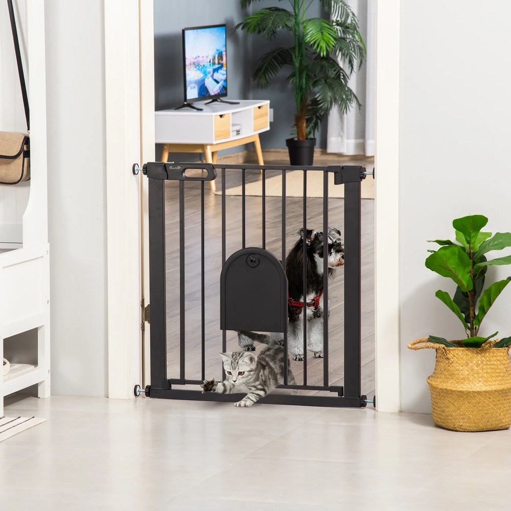 PawHut Barieră de siguranță animale cu ușă închidere automată sistem dublă blocare, oțel negru | Aosom Romania