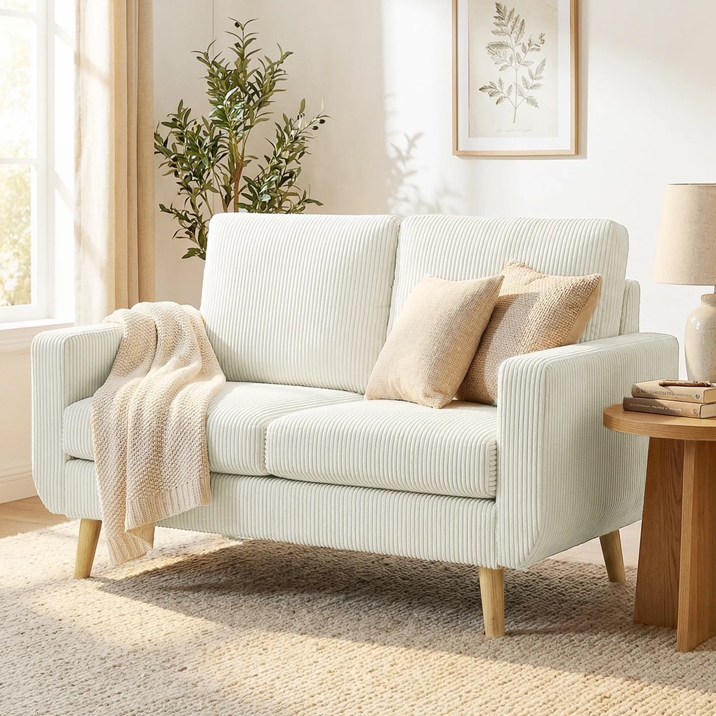 HOMCOM Canapea 2 locuri din velur reiat, canapea modernă de living 134 cm, șezut căptușit, perne cu arcuri, cremă | Aosom Romania