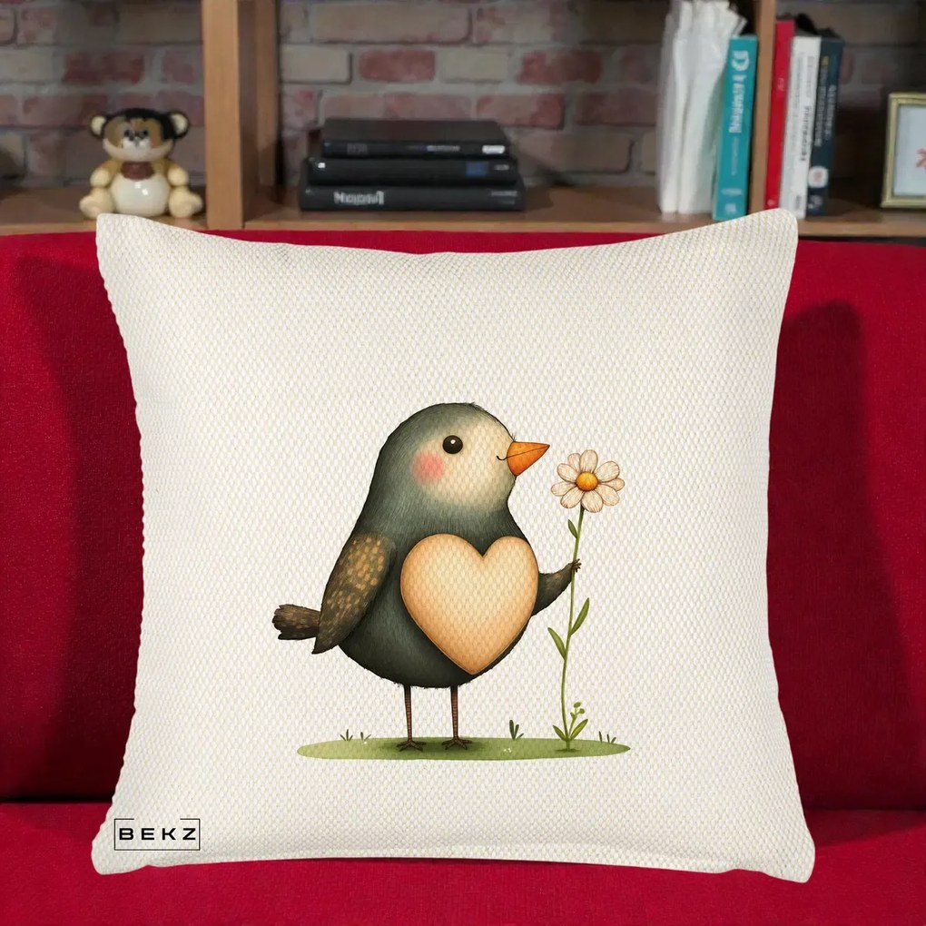 Perna Decorativa Pasare cu Inima si Margareta, 40x40 cm, Crem Reliefat, Husa Detasabila, Perna Inclusa, BEKZ®
