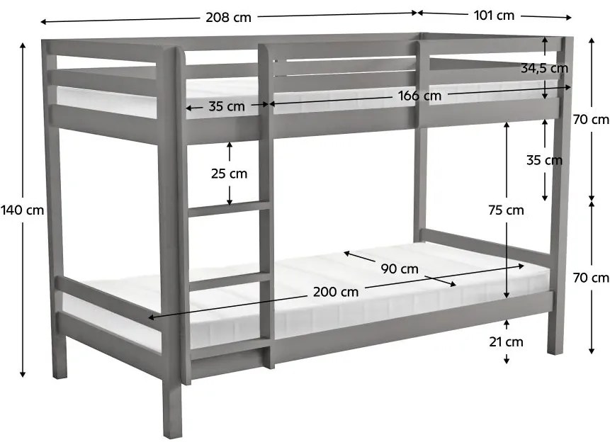 Pat etajat pentru copii 90 cm Invocato (gri) (cu somieră). 1116362