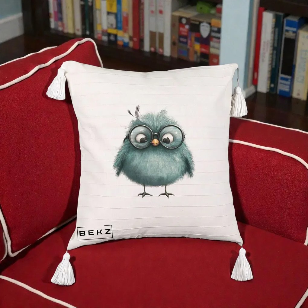 Perna Decorativa Pui Teal cu Ochelari Rotunzi, 40x40 cm, Bej cu Franjuri, Husa Detasabila, Perna Inclusa, BEKZ®