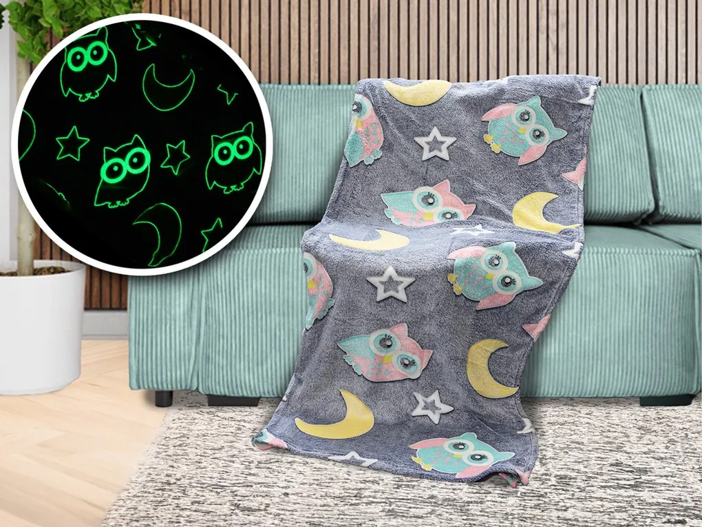 Patura fosforescenta microflanel OWL AND THE MOON 150x200 cm gri