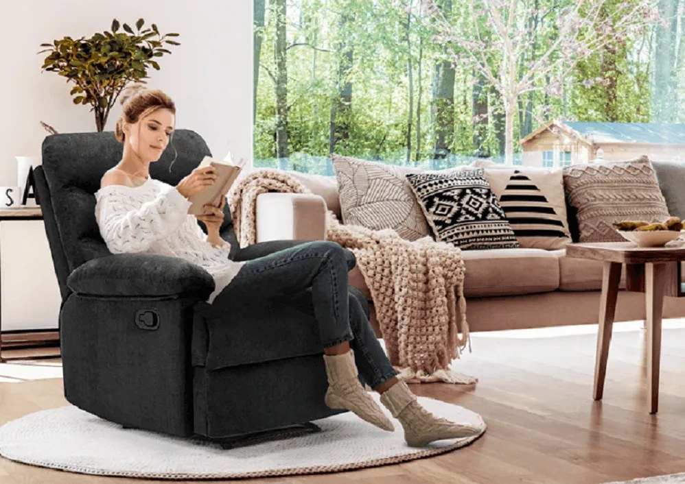 Fotoliu reglabil masaj, material textil catifea negru, LAMBERT