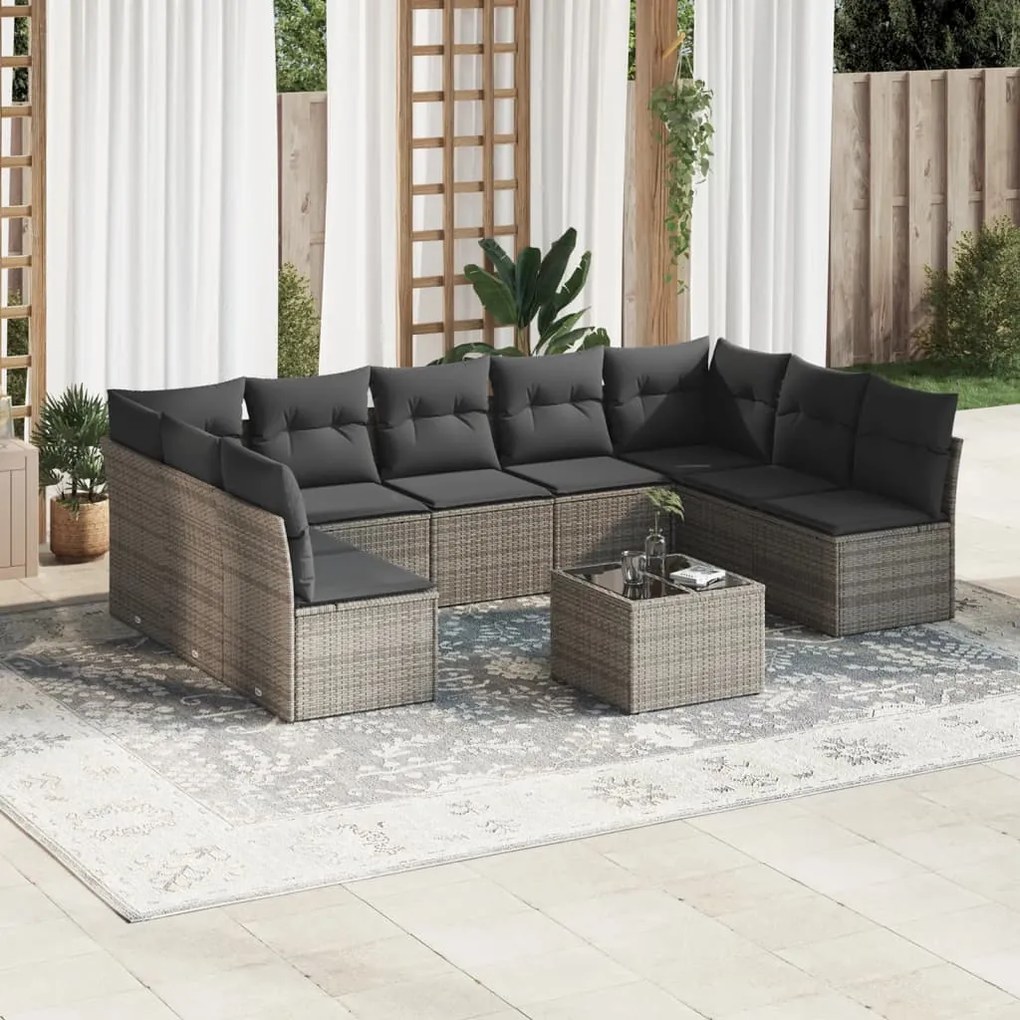 vidaXL Set mobilier de grădină cu perne, 10 piese, gri, poliratan