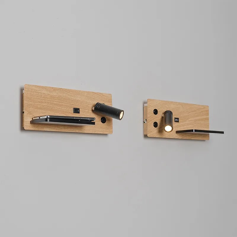 Set de 2 aplice negre cu lemn incluzând LED cu USB și încărcător prin inducție - Riza