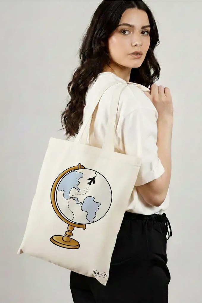 Sacosa de Panza pentru Cumparaturi, Geanta Tote Travel Girl 17, 38x34.5 cm, Alba, BEKZ®