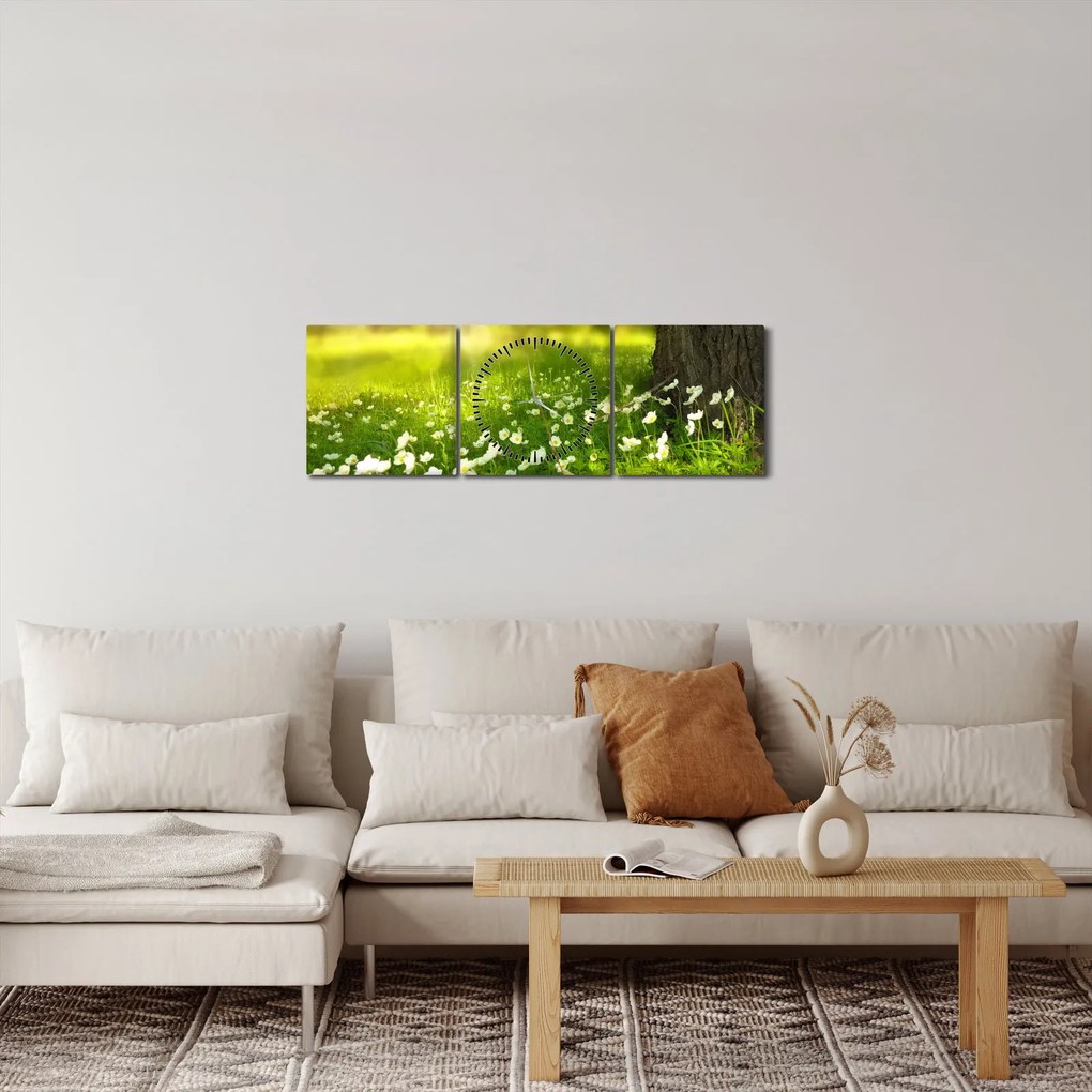 Tablou cu poiana și flori (cu ceas) (90x30 cm)