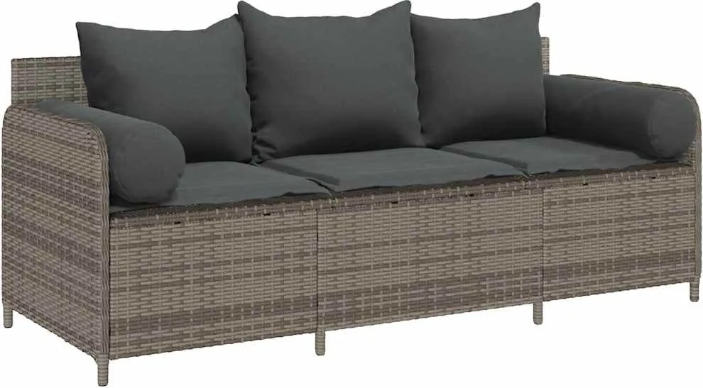 vidaXL Canapea de grădină cu perne, cu 3 locuri, gri, poliratan