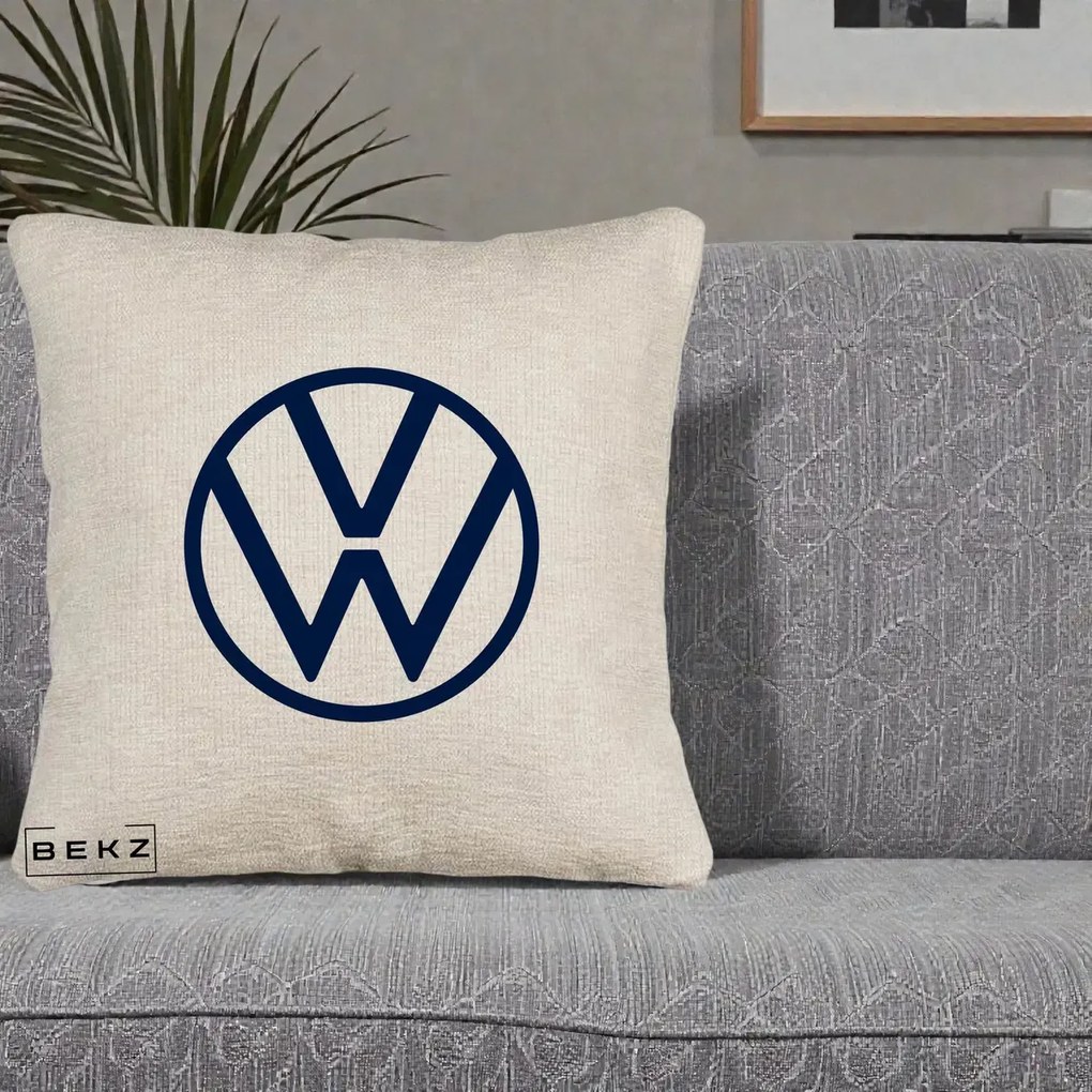 Perna Personalizata cu emblema Volkswagen, 40x40 cm, Bej Canapea, Husa Detasabila, Perna Inclusa, BEKZ®