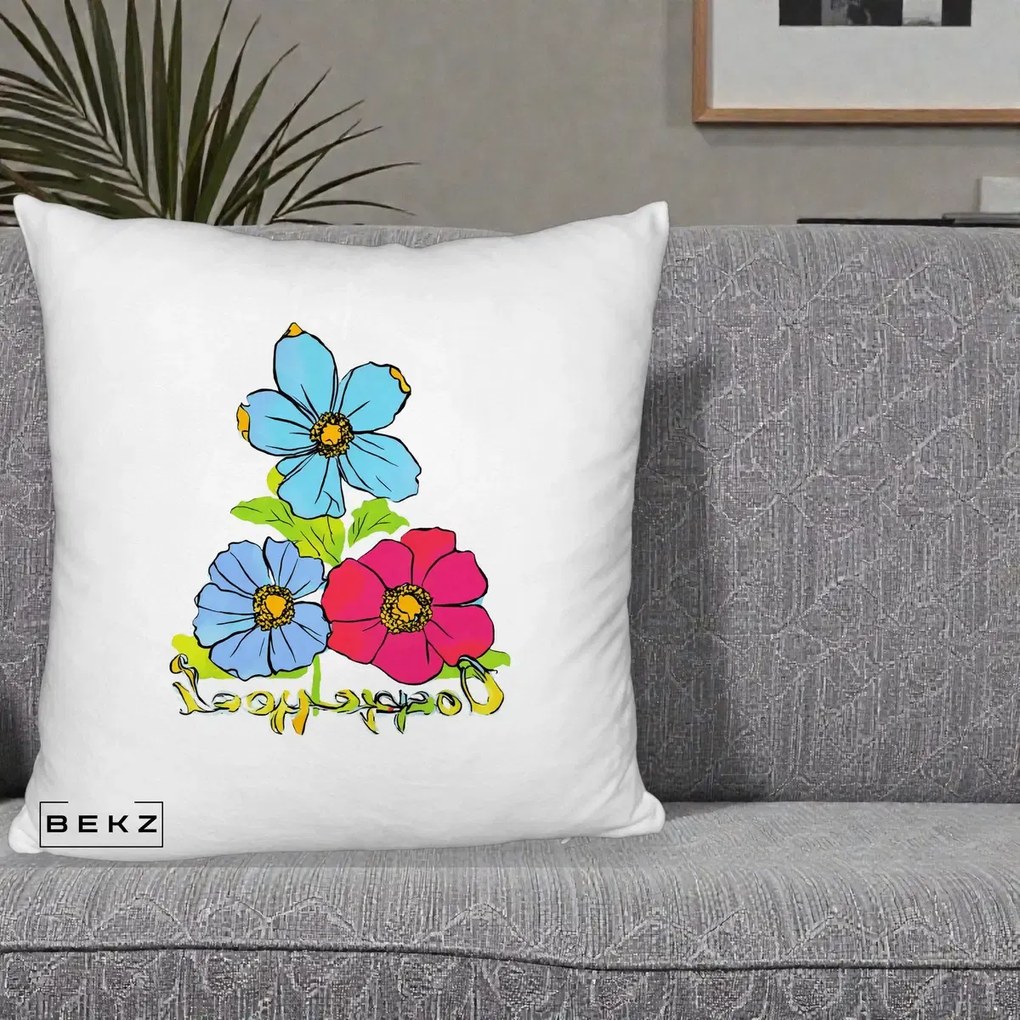 Perna Decorativa Trei Flori Grafice Pop Art, 40x40 cm, Alb Pufos, Husa Detasabila, Perna Inclusa, BEKZ®