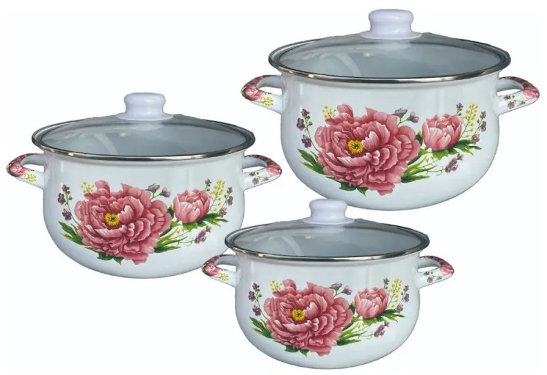 Resigilat: Set 3 oale cu capac din sticla Rosberg R54518G3G, 6 piese, Emailate, Alb/Imprimeu floral