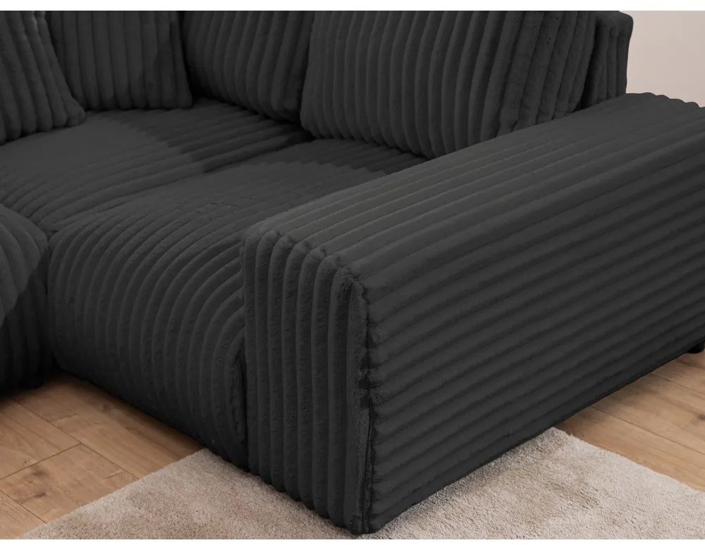 Colțar gri închis cu tapițerie din catifea reiată (cu colț pe partea dreaptă/în formă de "U") Justin – Ropez