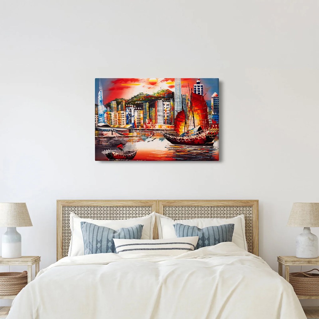 Tablou - Victoria Harbour, Hong Kong, pictură în ulei (90x60 cm)