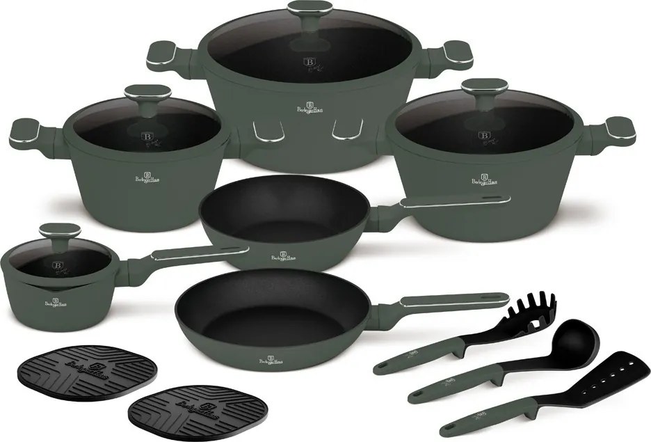 Set oale si tigai cu capace, 15 piese Green Matt Berlinger Haus BH 8208N, verde mat, antiaderente cu titan, inductie