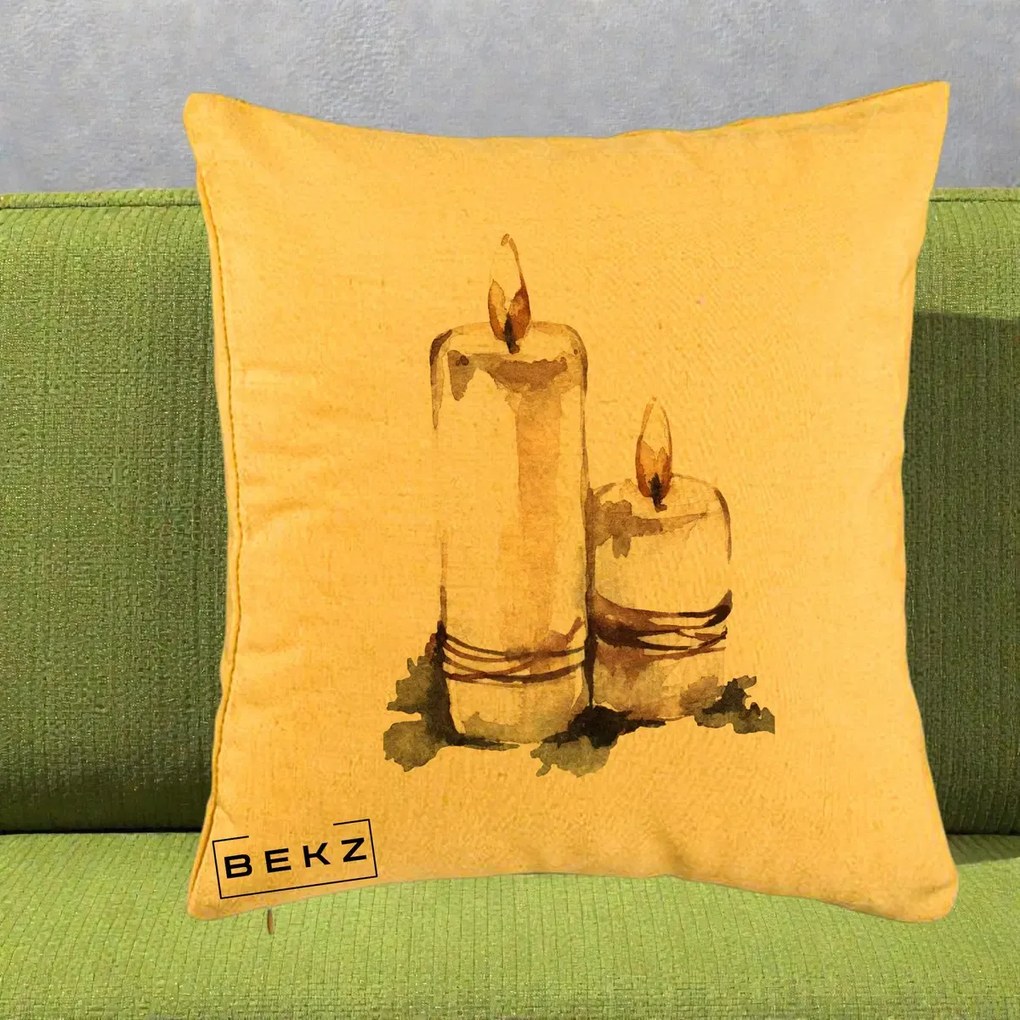 Perna Decorativa Lumanari Acuarela Iarna, 40x40 cm, Galben, Husa Detasabila, Perna Inclusa, BEKZ®