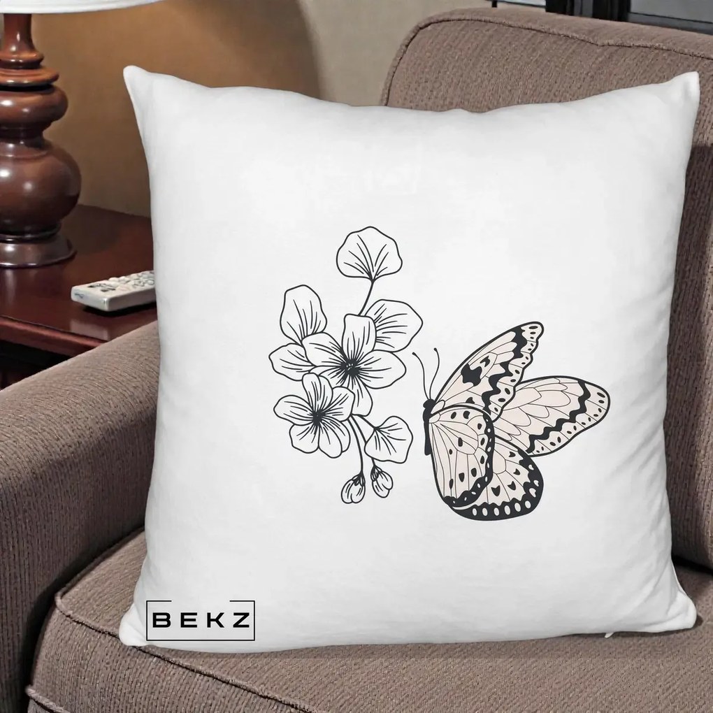 Perna Decorativa Fluture si Flori Linie Monocroma, 40x40 cm, Alb Pufos, Husa Detasabila, Perna Inclusa, BEKZ®